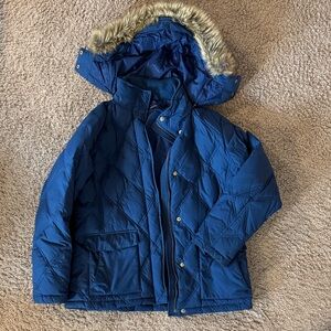 Lands' End Blue Puffer Jacket with Faux Fur Hood
